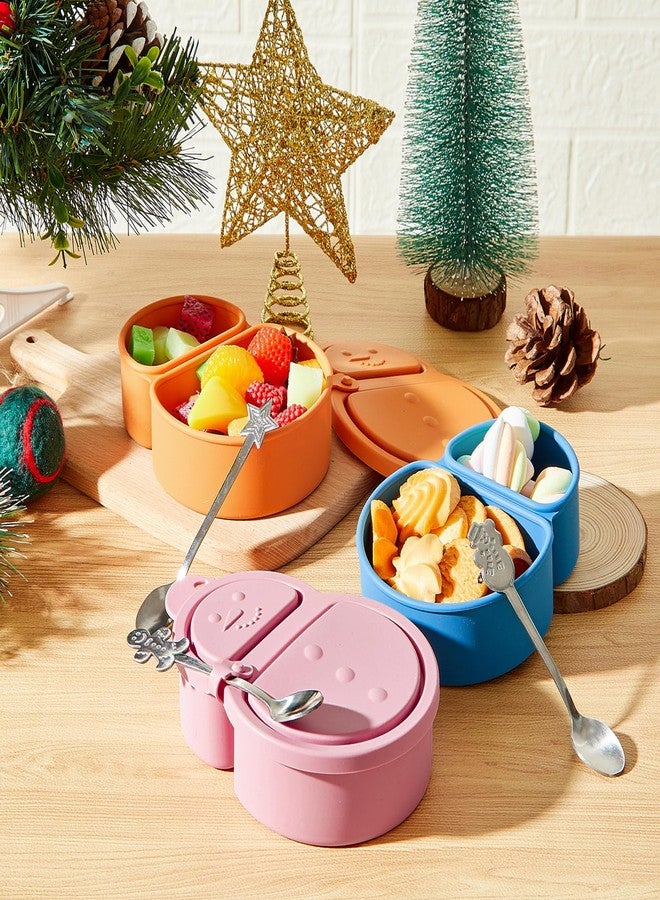 Teecyhooo 3 Set Christmas Silicone Snack Containers with Lids Snowman Reusable Snack Box with Spoons 2 Compartment Leak Proof Portable Small Food Storage Box for Christmas Party Travel, Office, Picnic - Image 2